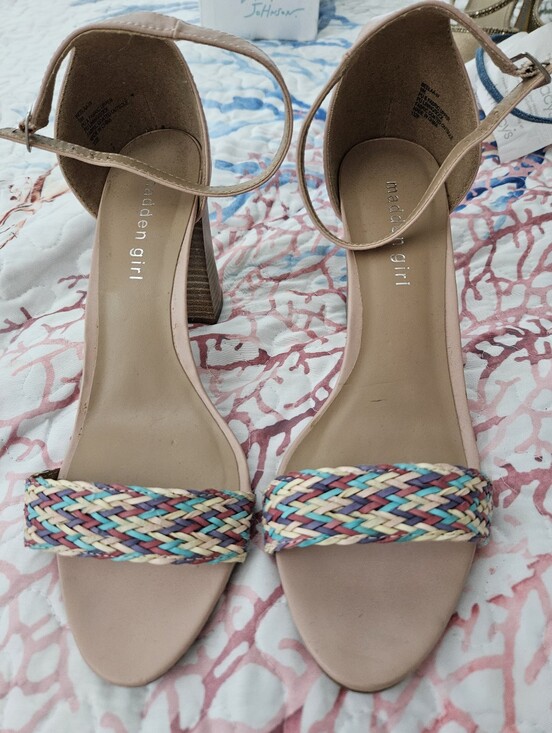 Madden Girl Shoes - Madden Girl Nude Ankle-Strap Heels with Multicolor Braided Toe